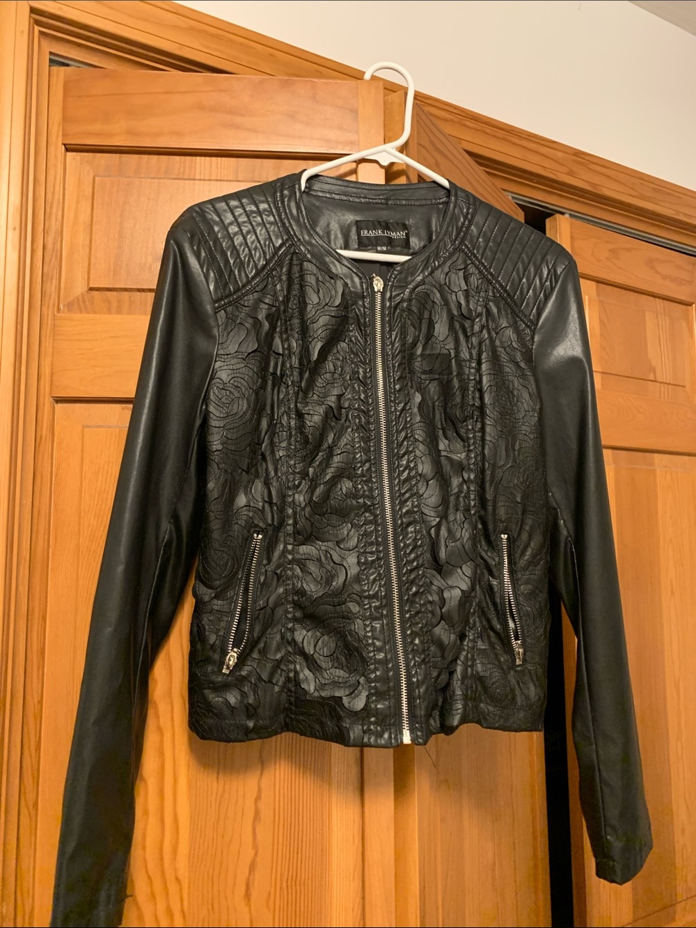 Frank Lyman Design Black Floral-Embossed Faux Leather Bomber